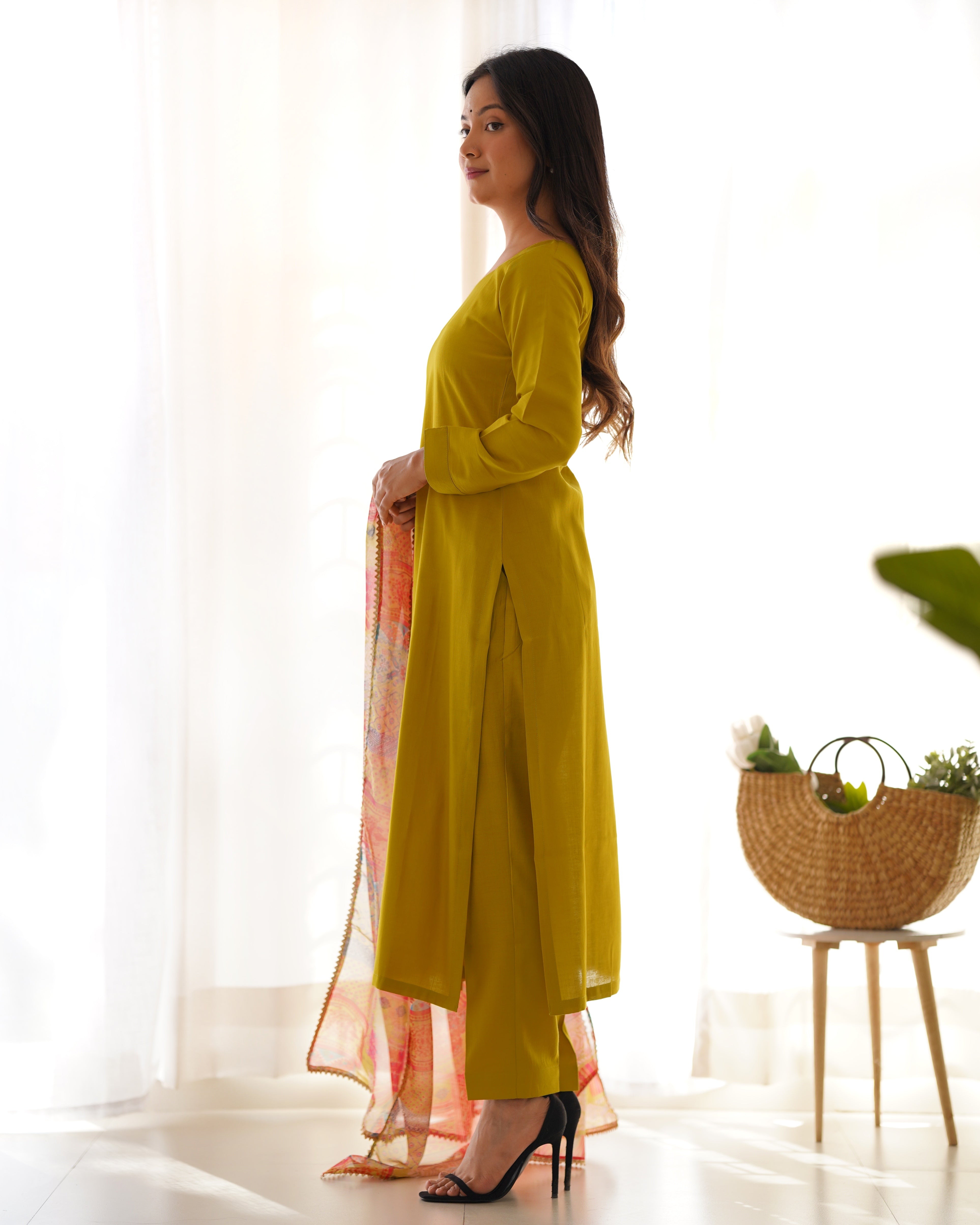 Lemon Green Pure Soft Viscose Kurta Suit Set With Dupatta & Pant