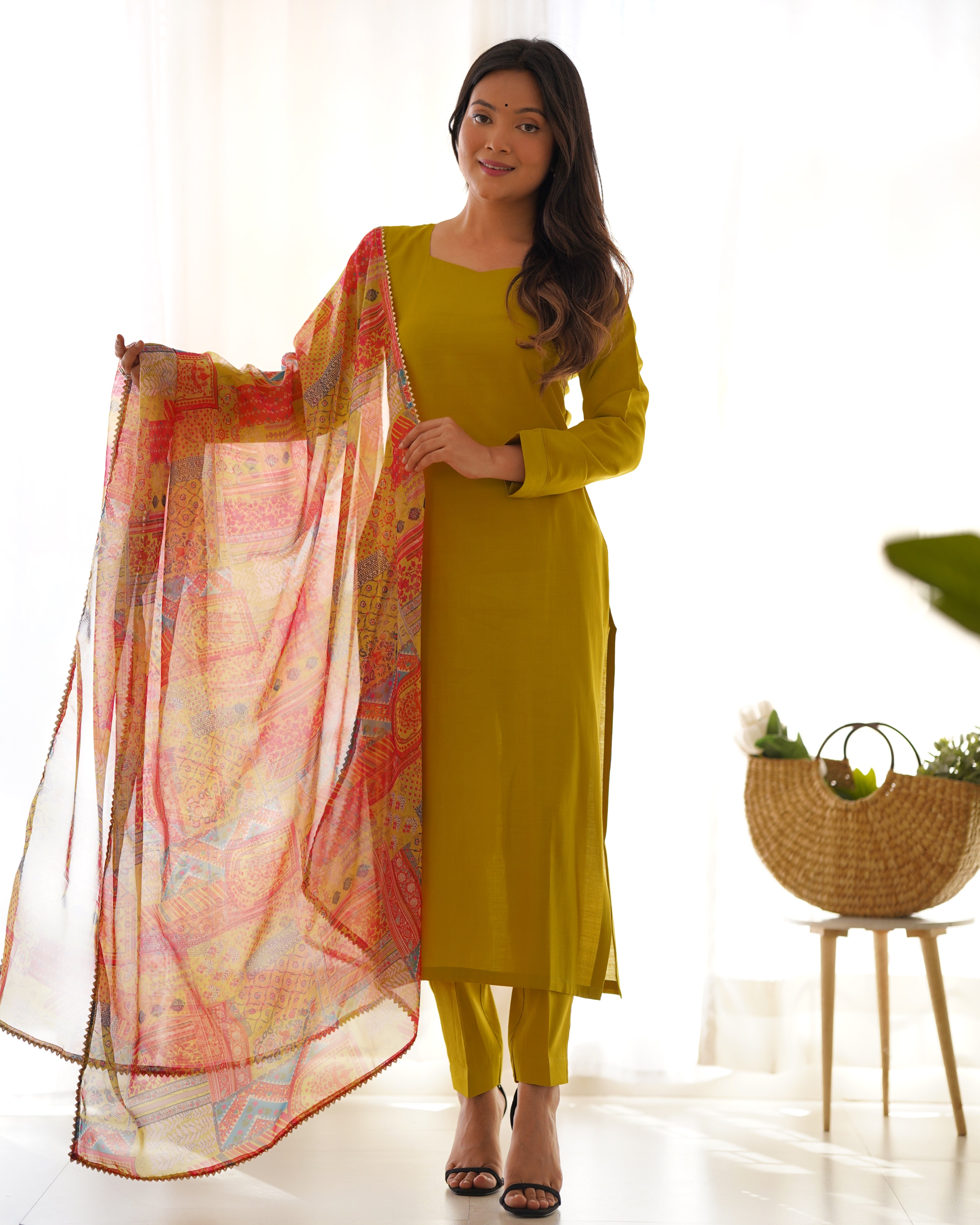 Lemon Green Pure Soft Viscose Kurta Suit Set With Dupatta & Pant