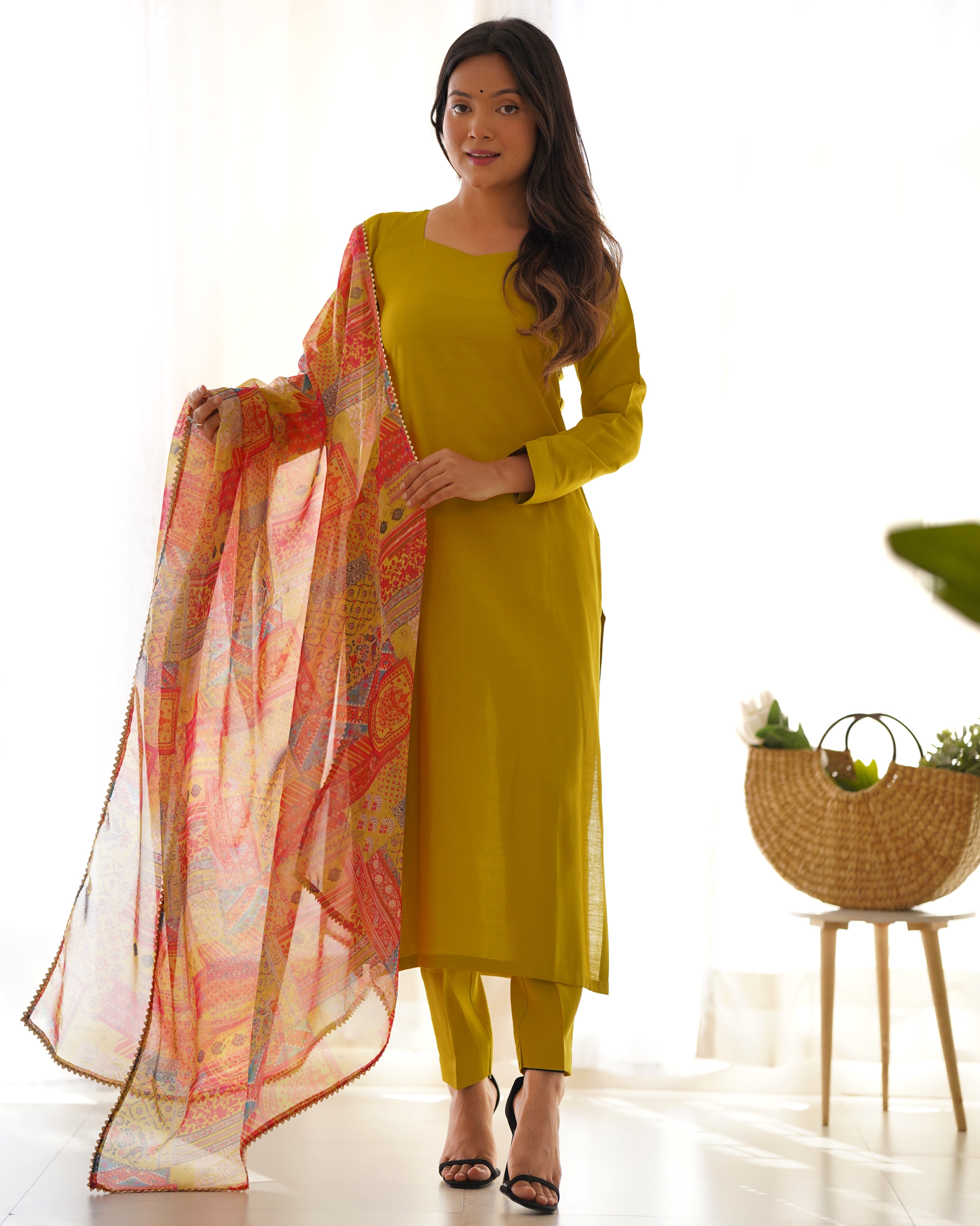 Lemon Green Pure Soft Viscose Kurta Suit Set With Dupatta & Pant