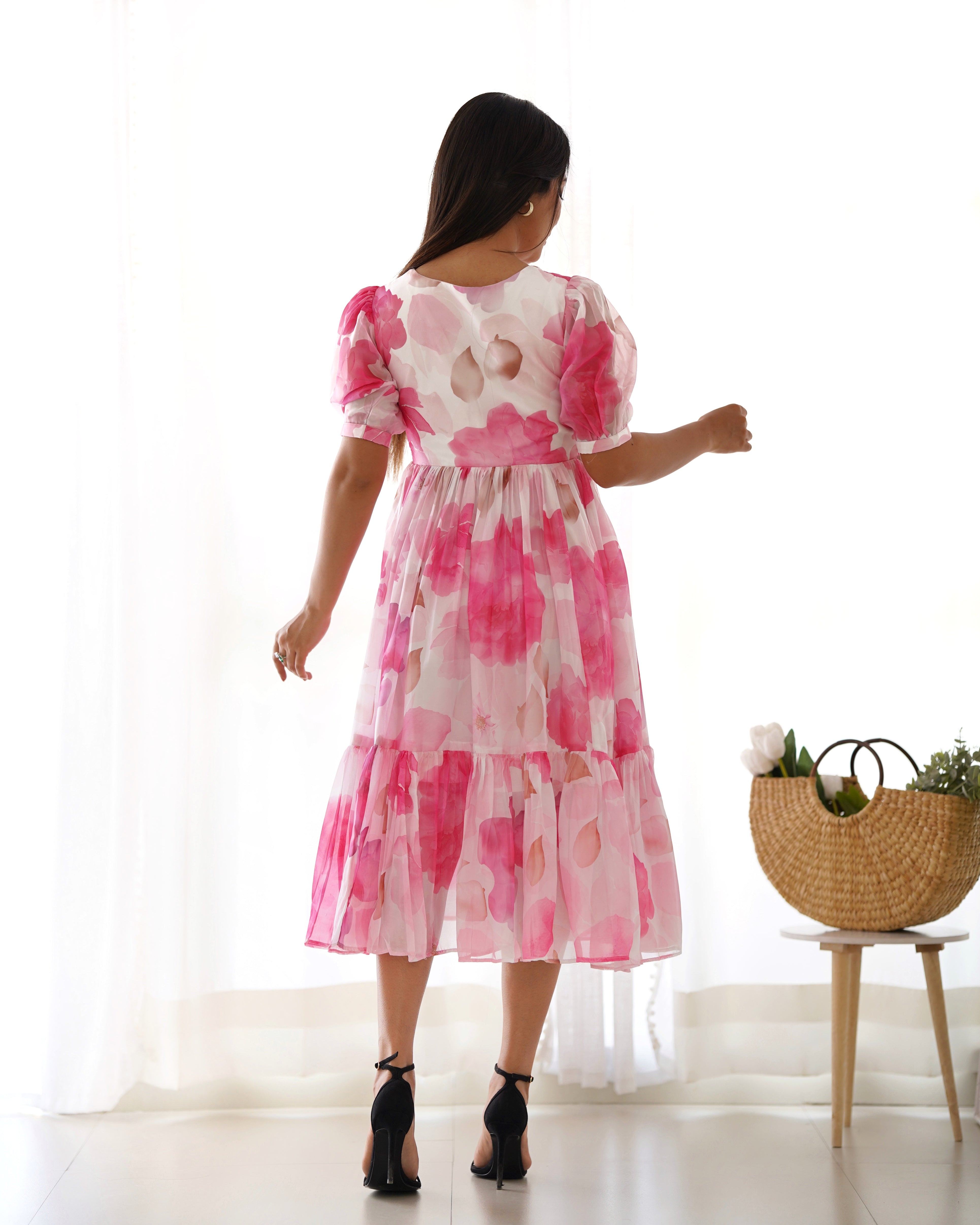 Pink Pure Soft Organza Floral Print One Piece Dress With Huge Flair