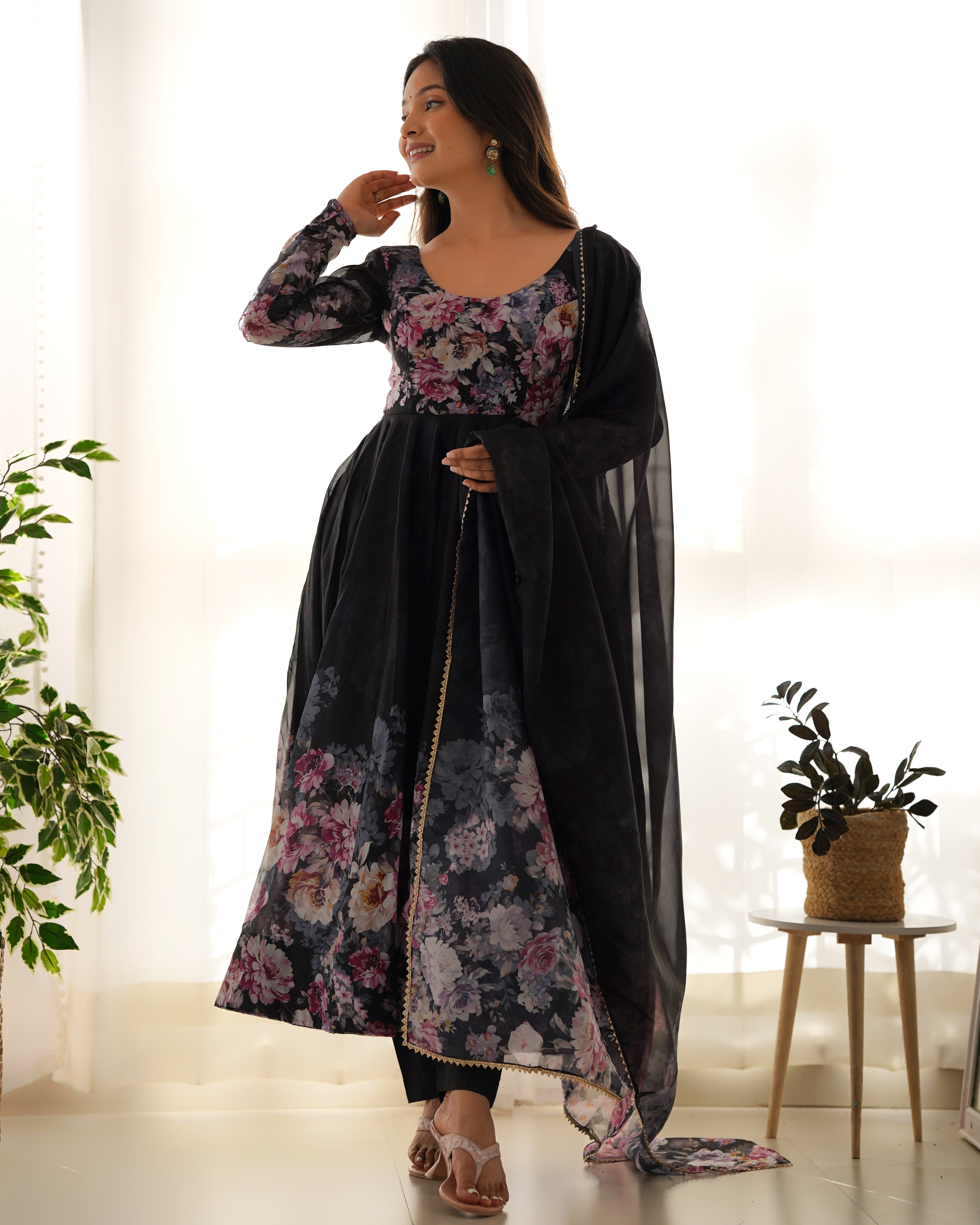 Black Pure Soft Organza Anarkali Suit Set With Huge Flair, Dupatta & Pant