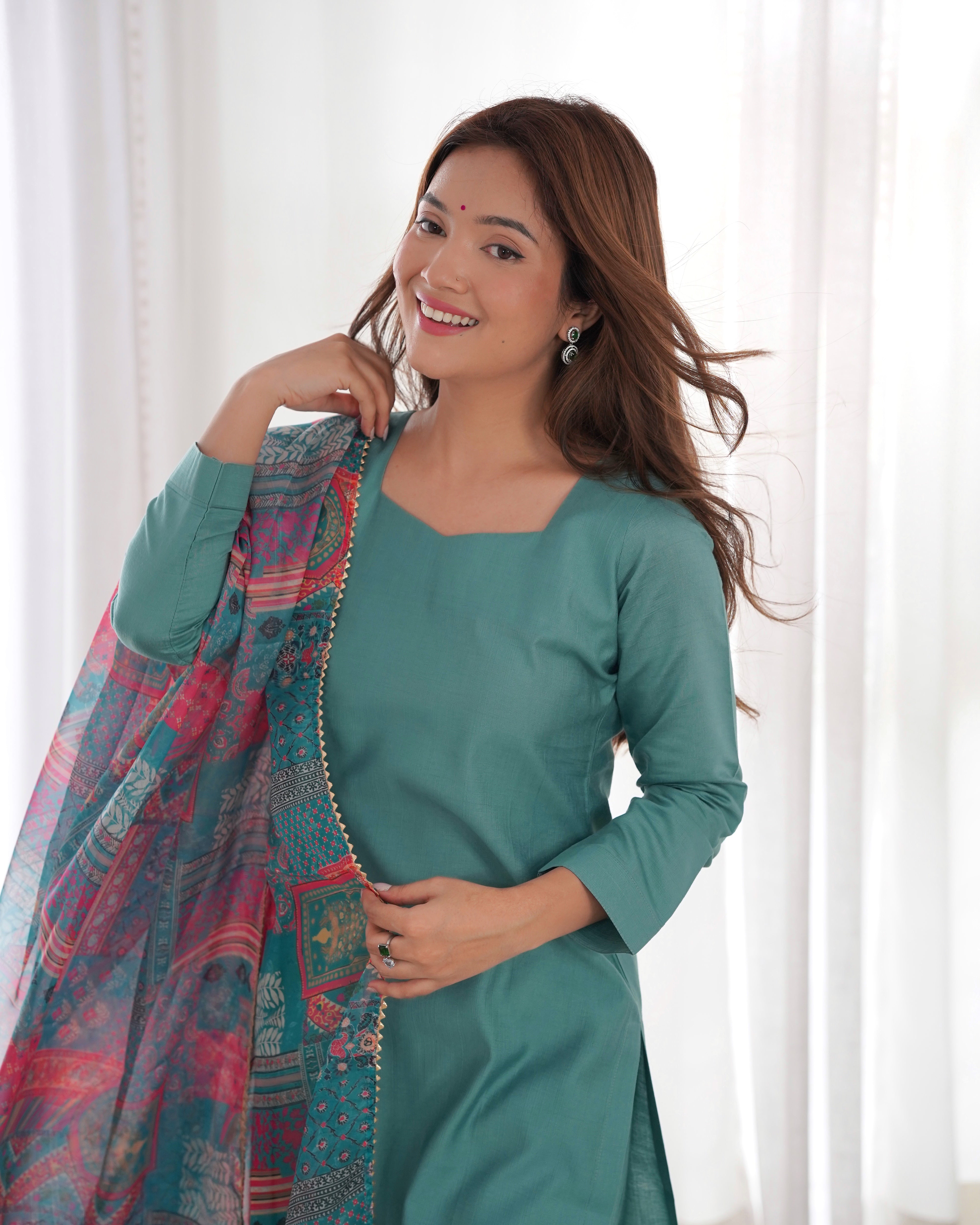 Sea Green Pure Soft Viscose Kurta Suit Set With Dupatta & Pant