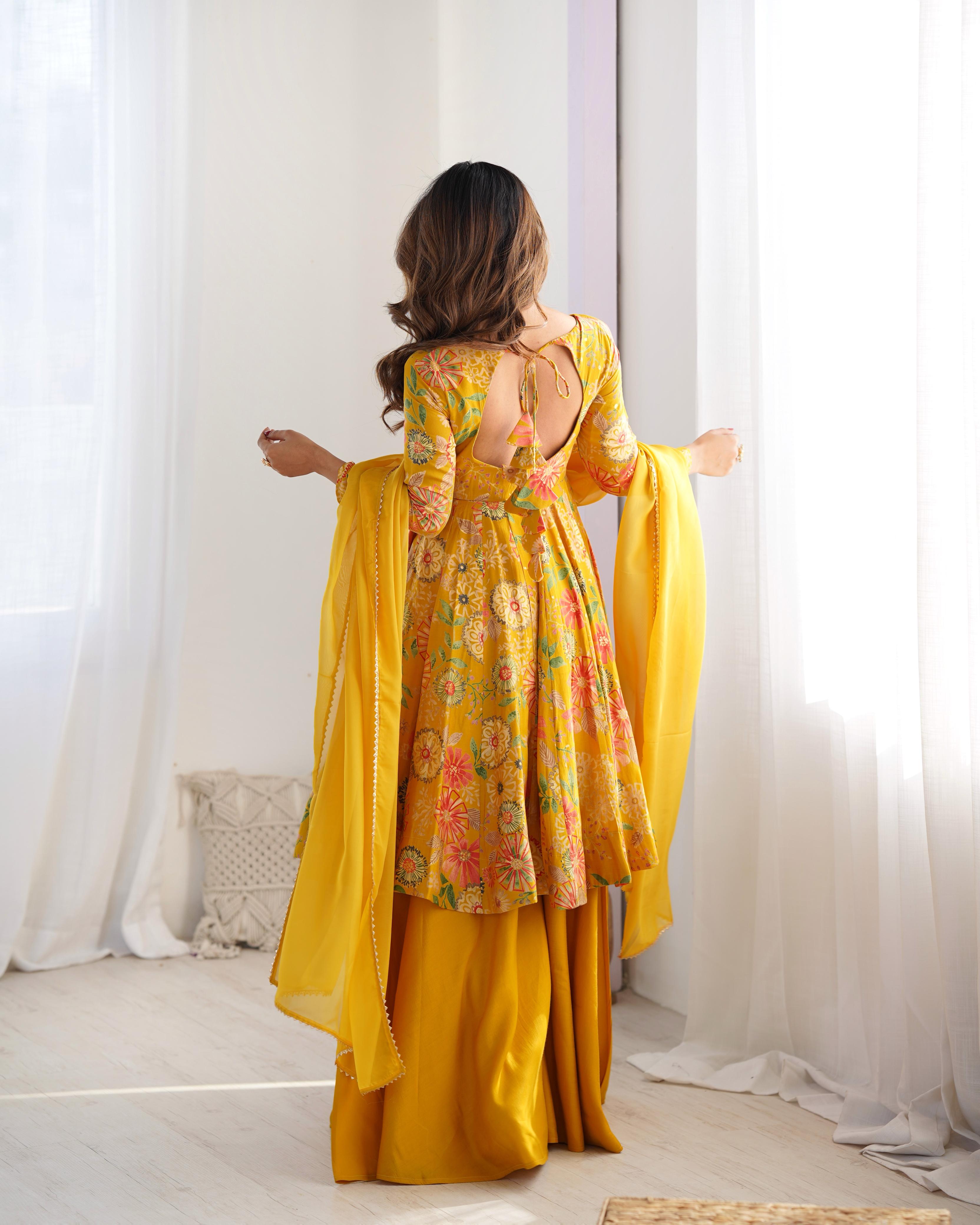 Yellow Pure Roman Silk Chanderi Kediya Set With Huge Flair, Dupatta & Plazo