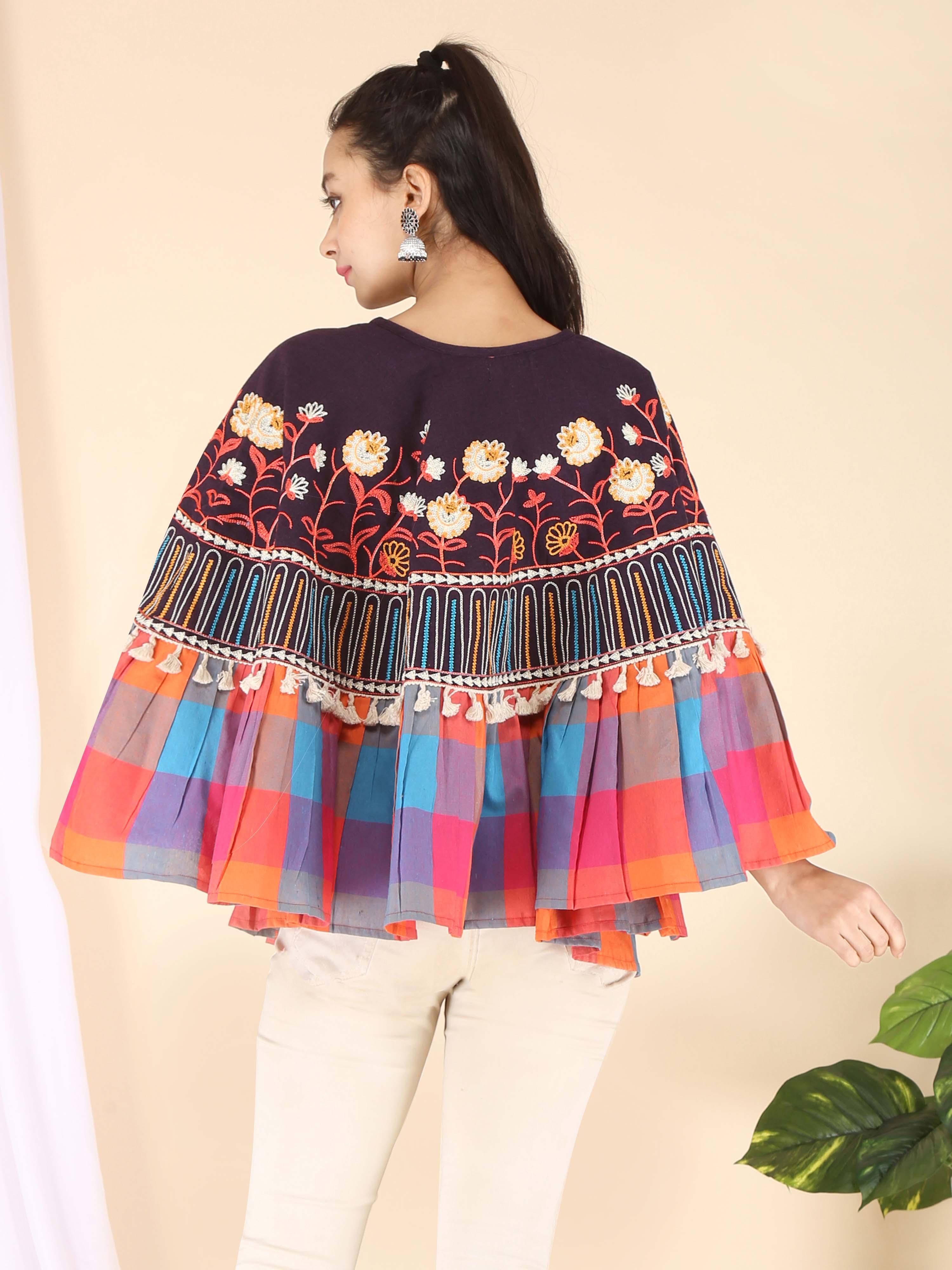 Lavender Embroidered Checks Frill Poncho