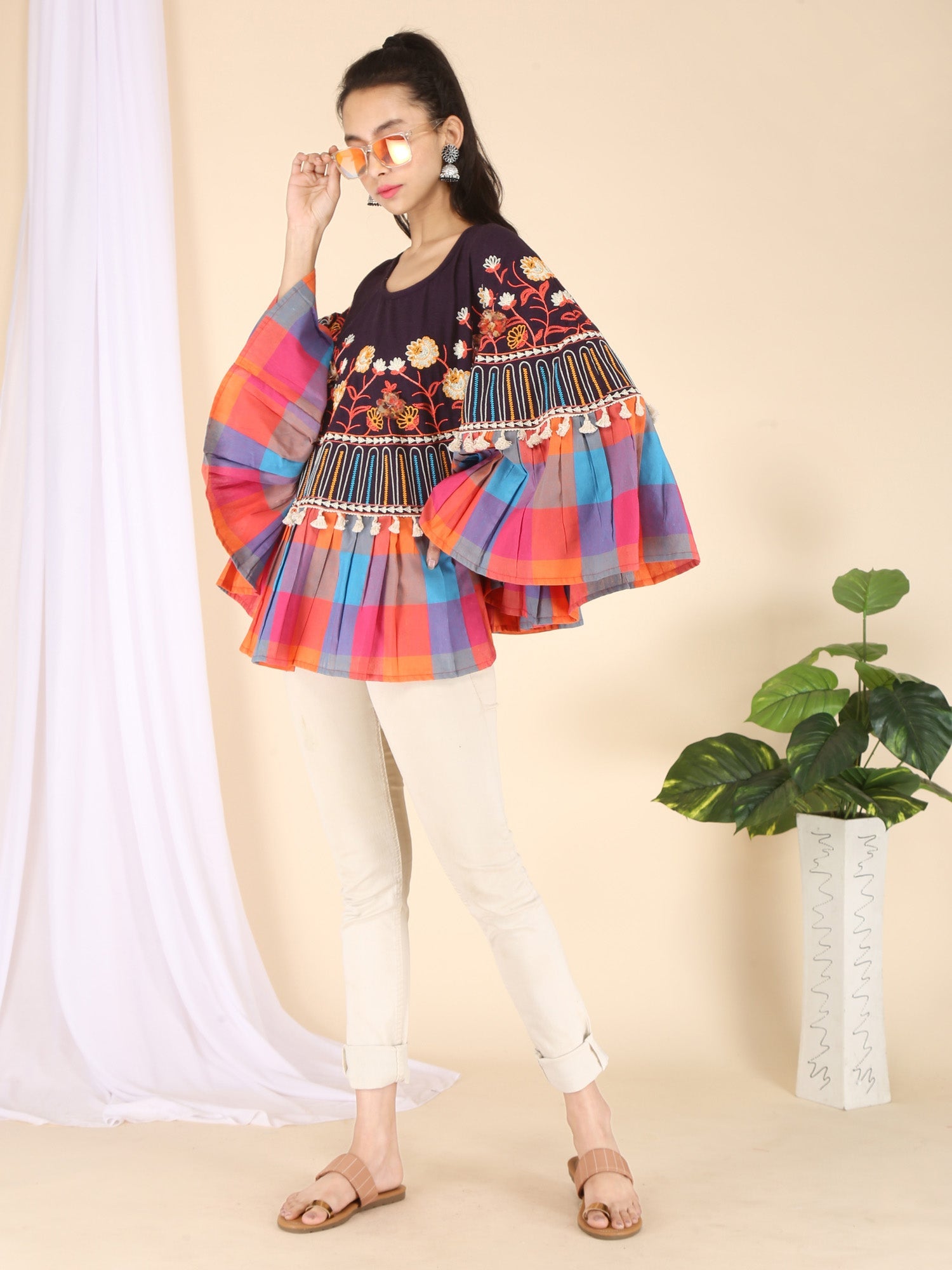 Lavender Embroidered Checks Frill Poncho