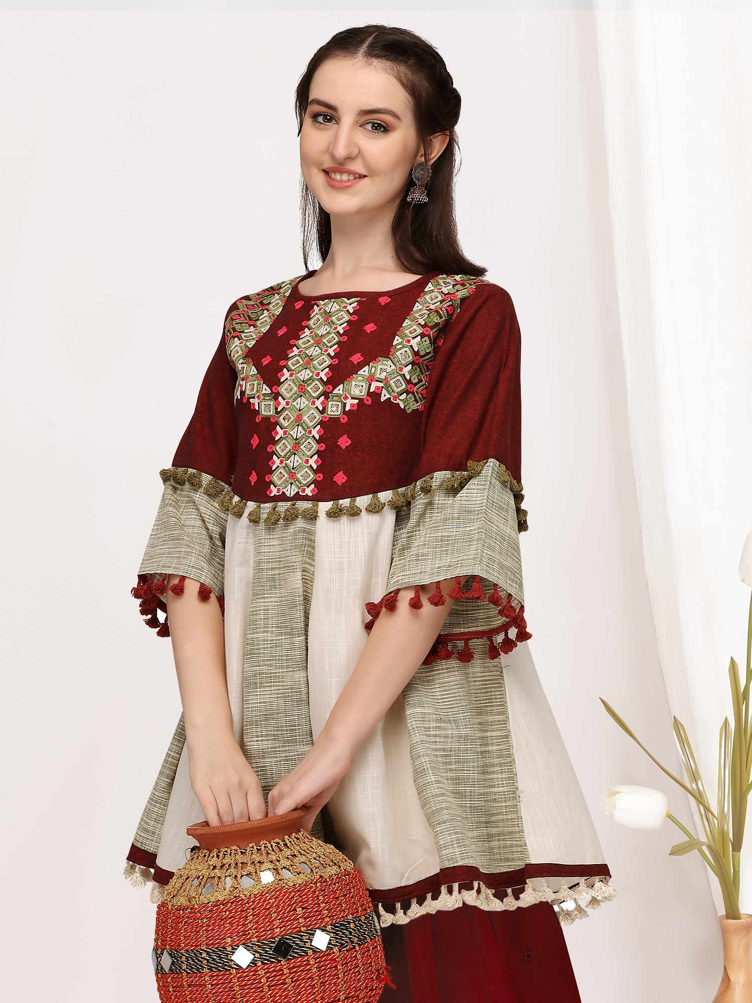 Deep wine cotton embroidered long kedia top