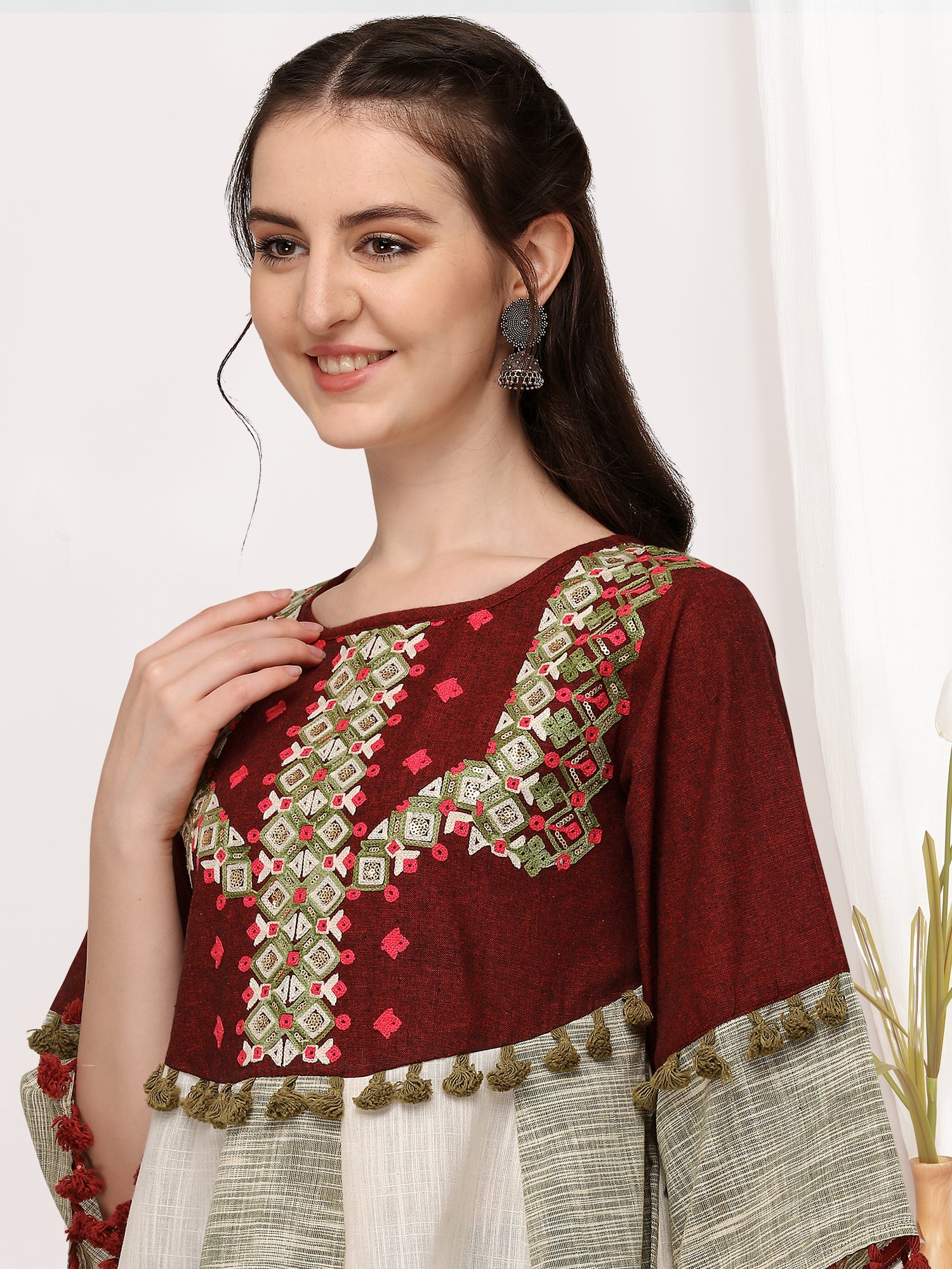 Deep wine cotton embroidered long kedia top