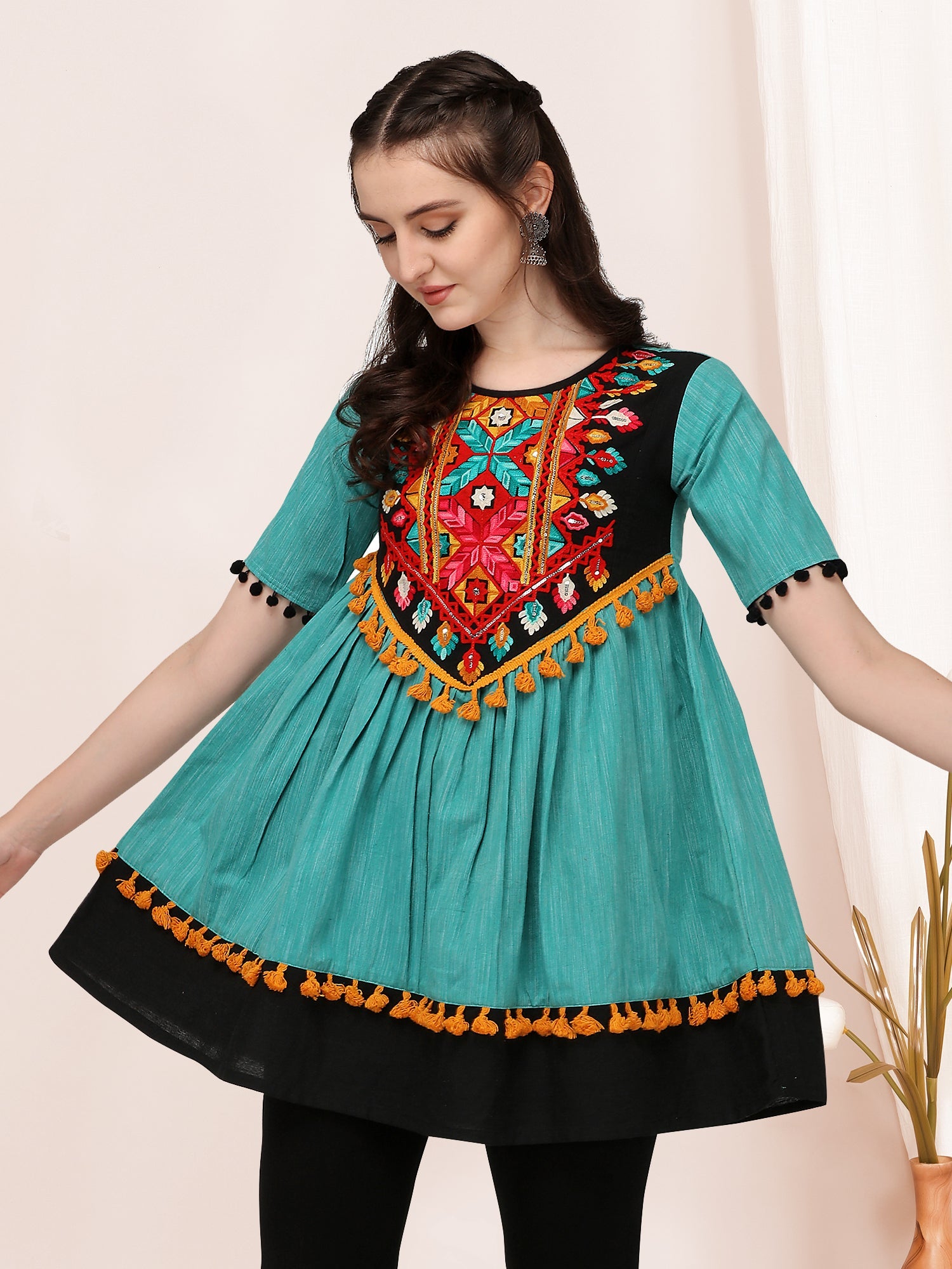 Turquoise and black embroidered long kedia top