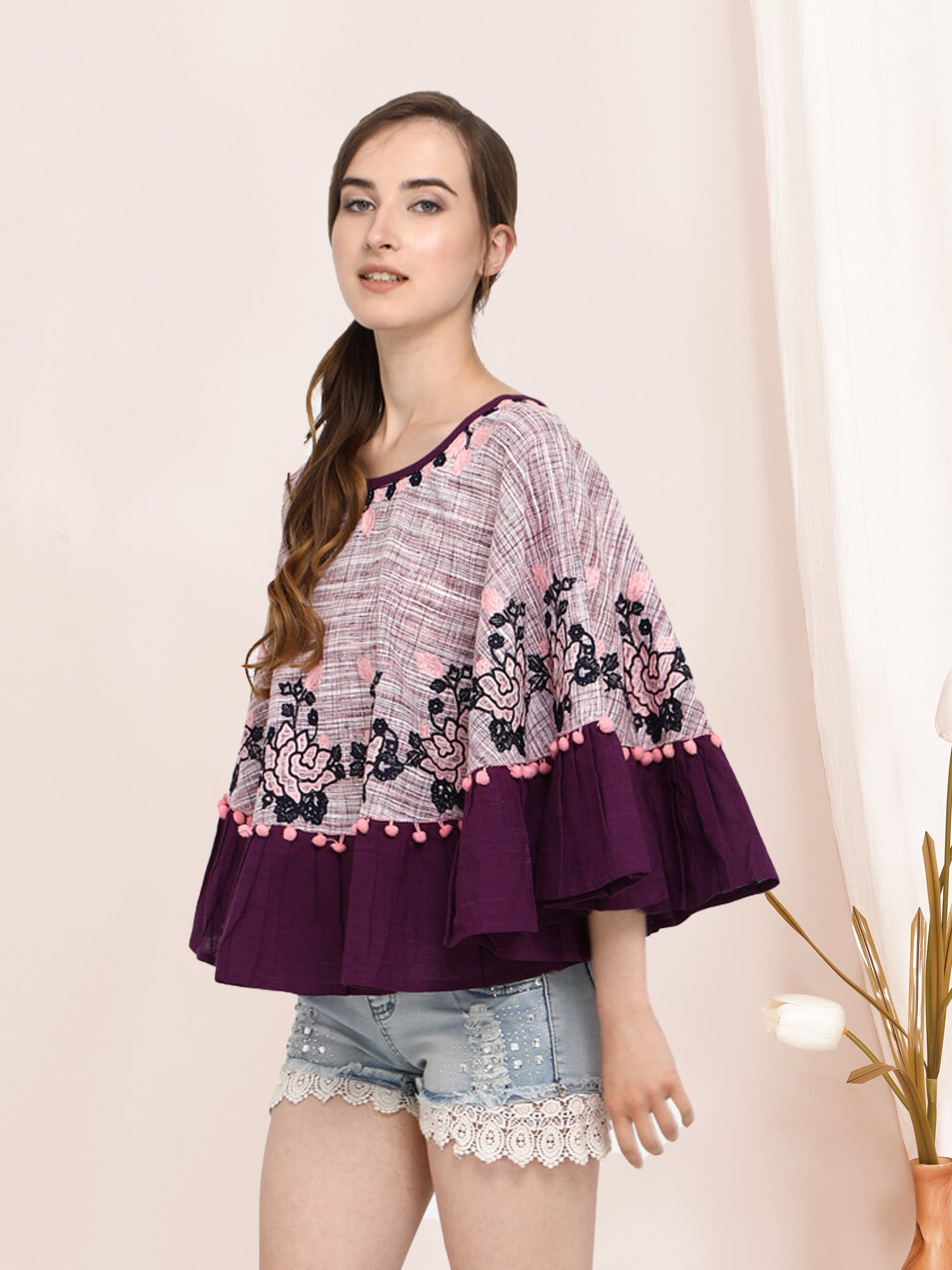 Purple Frill Slub Khadi Poncho