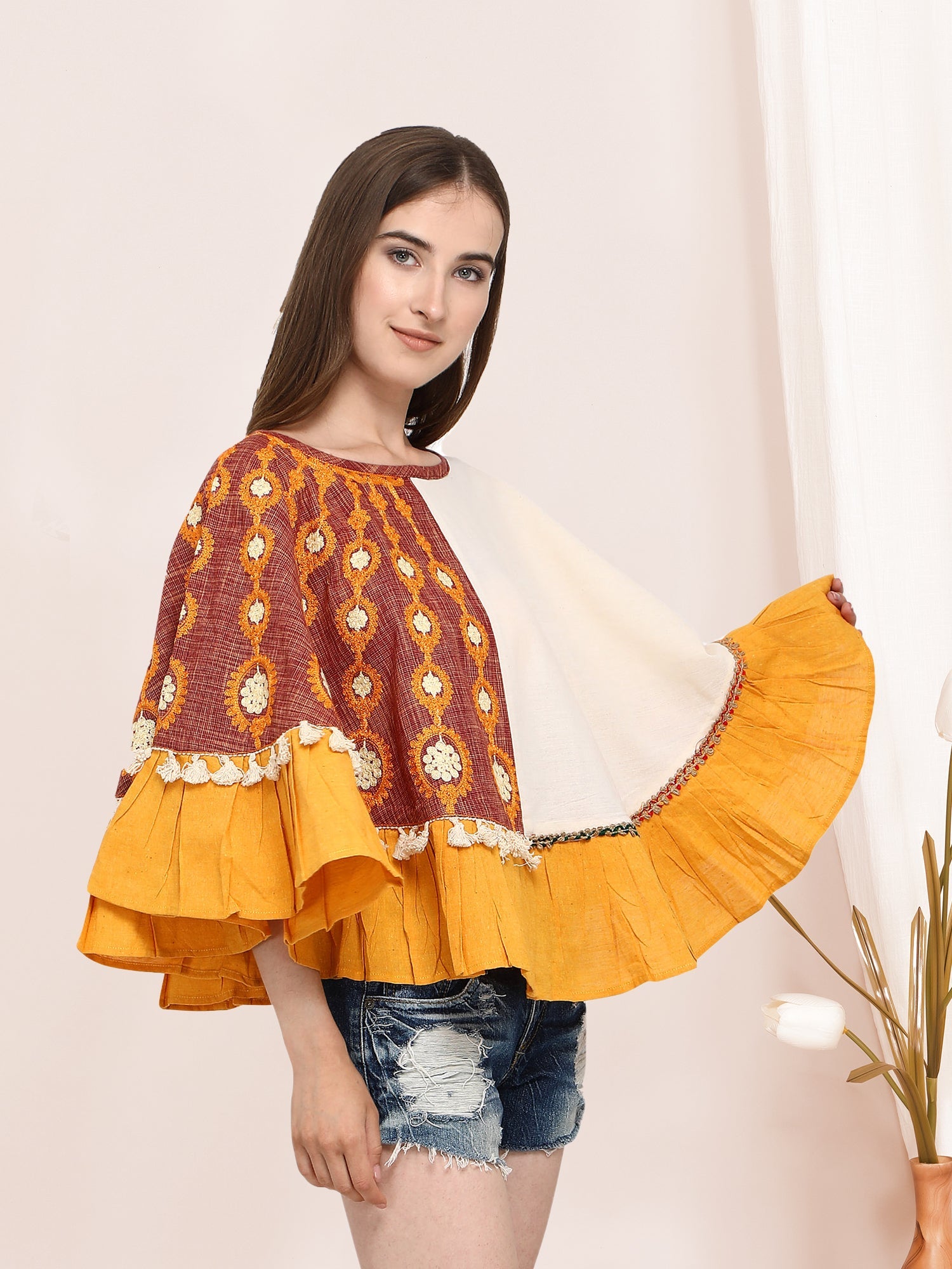 One-Sided Embroidered Rust zam-zam Poncho