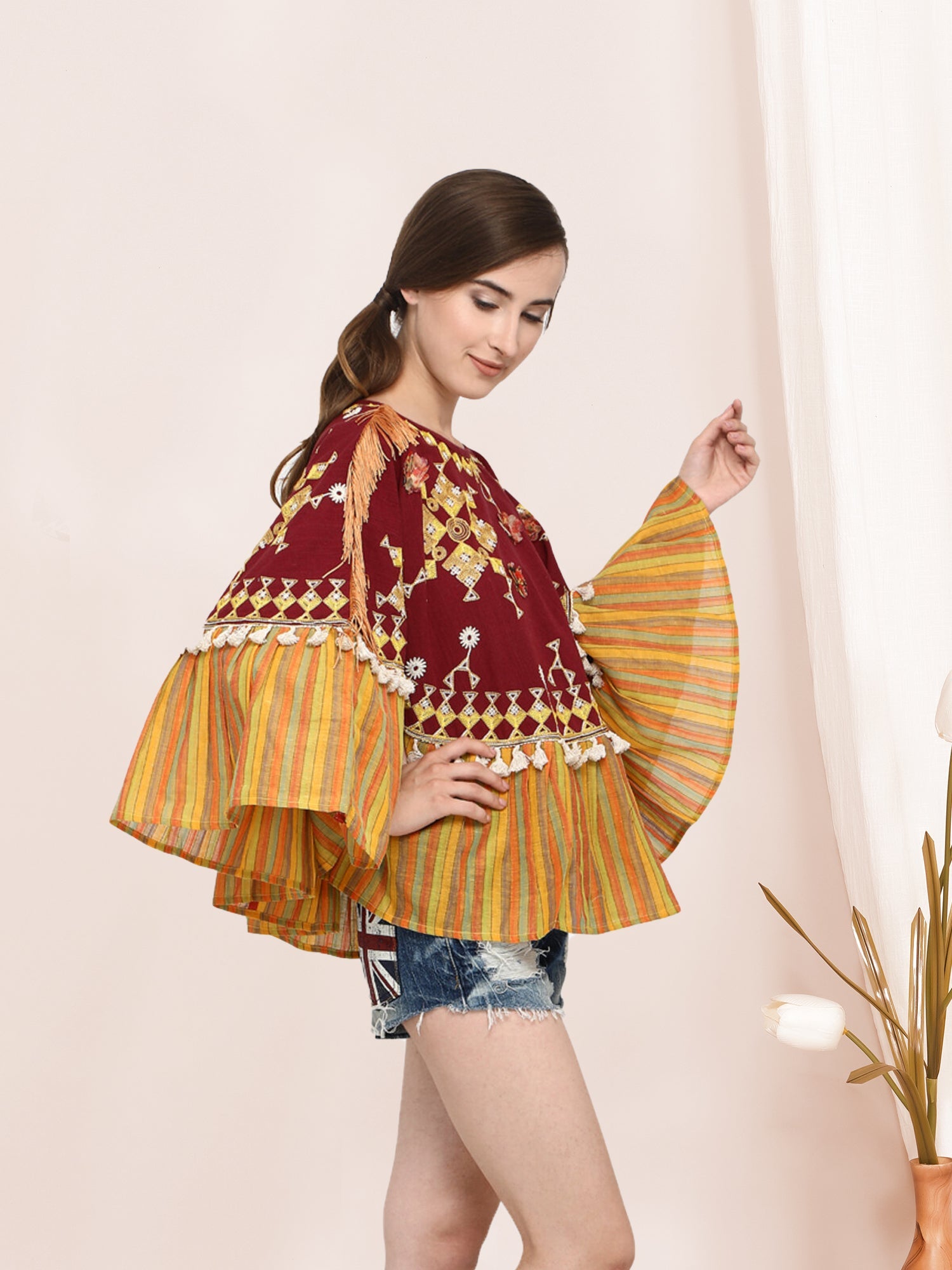 Snowflake Stripe Frilled Poncho