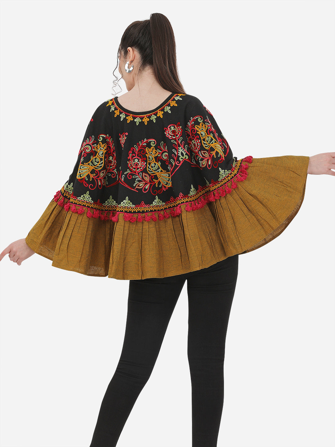 Black Sparrow Motif Embroidered Winter Circular Poncho