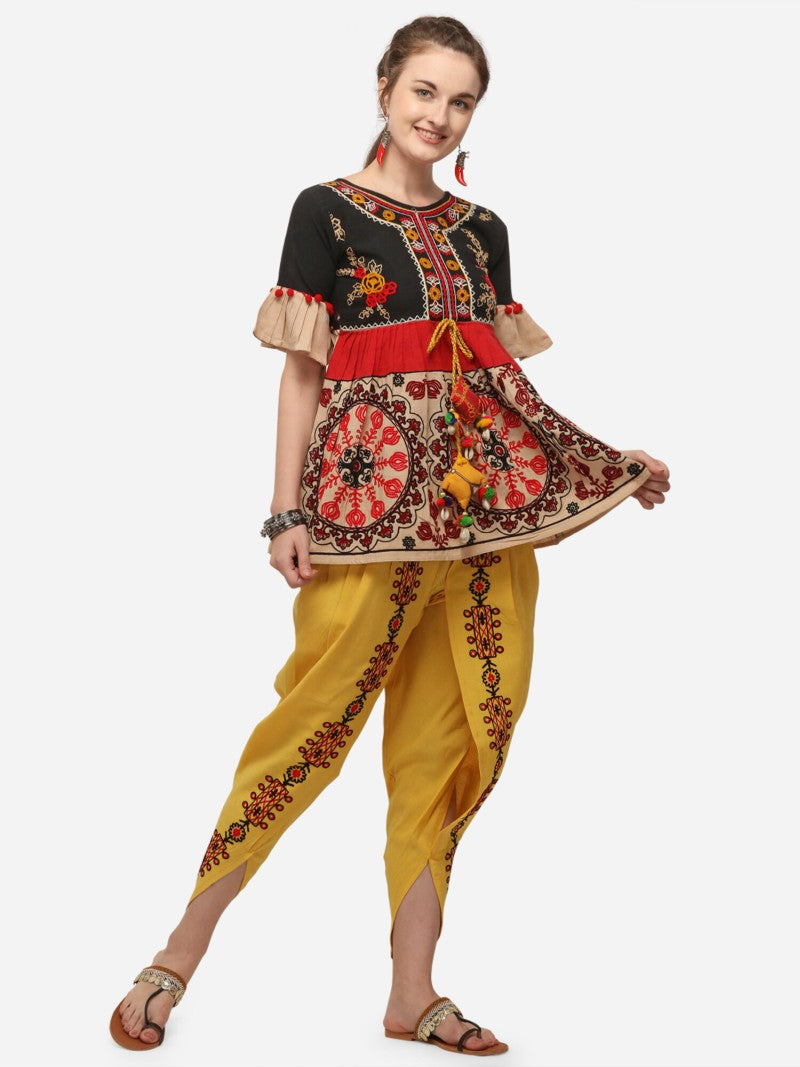 Black and beige circular embroidered kedia with yellow tulip pant