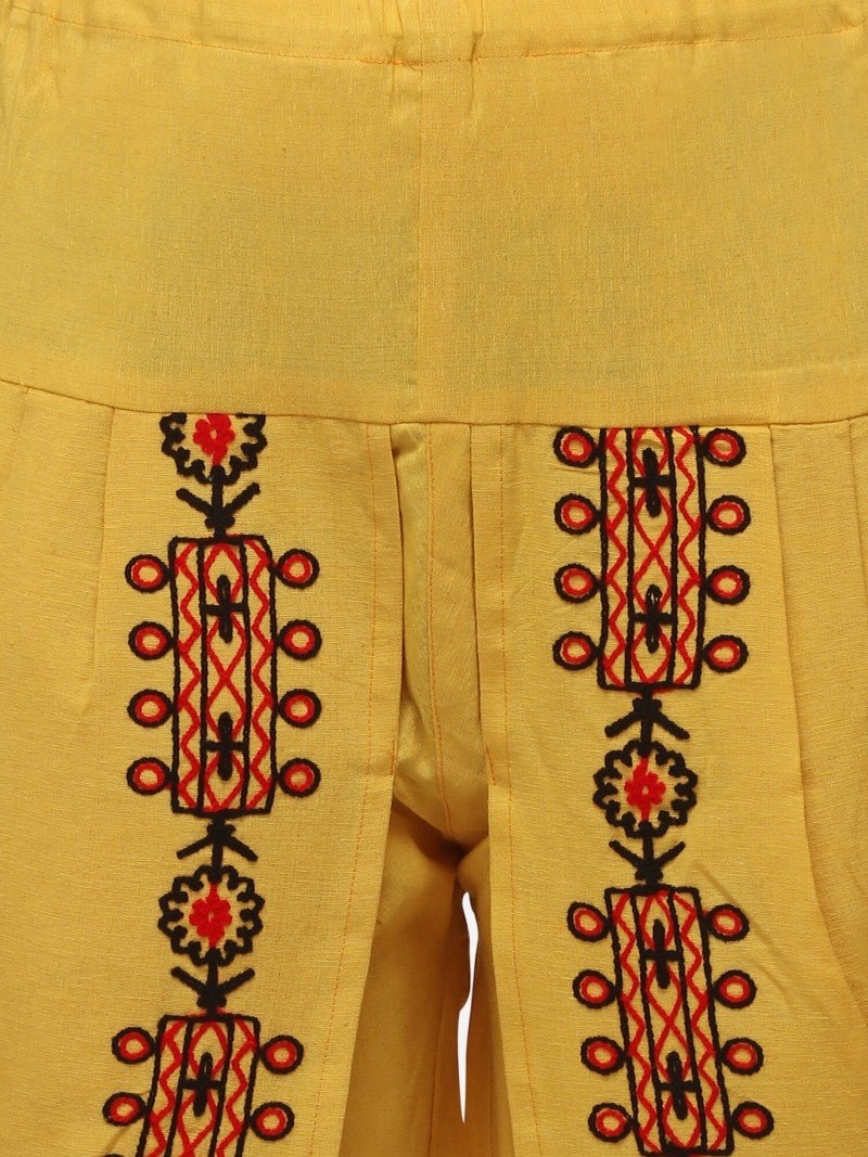 Black and beige circular embroidered kedia with yellow tulip pant