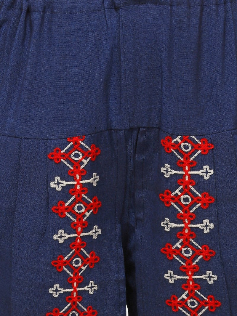 Red yoke and Parrot motif panel embroidered keida and navy blue tulip pants set